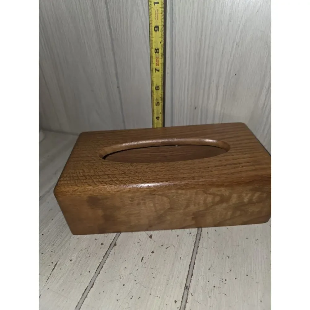 Vtg Oak Tissue Box Cover Dispenser Solid Wood Rectangle MCM Kleenex Farmhouse